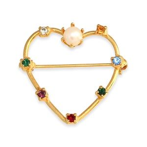 Vintage Open Heart Brooch with Faux Pearl & Multicolor Rhinestone Gold Tone Pin